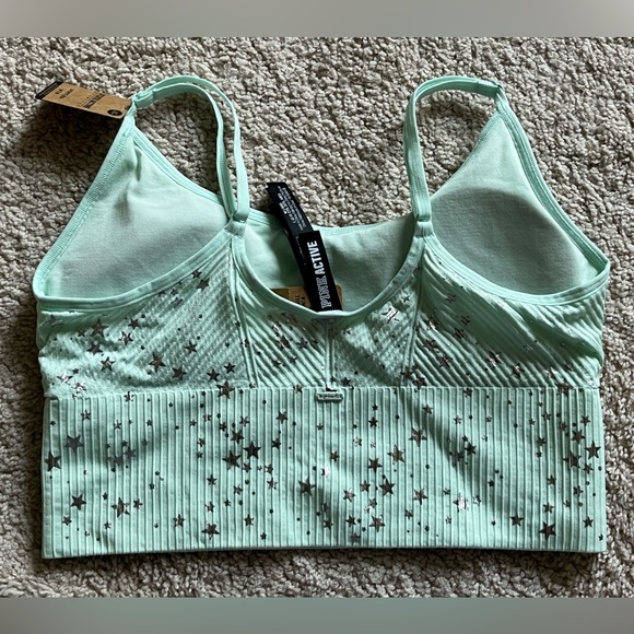 NWT VS PINK Seamless Lightly Lined Sports Bra Minty Green Silver Stars Medium M - Picture 10 of 10